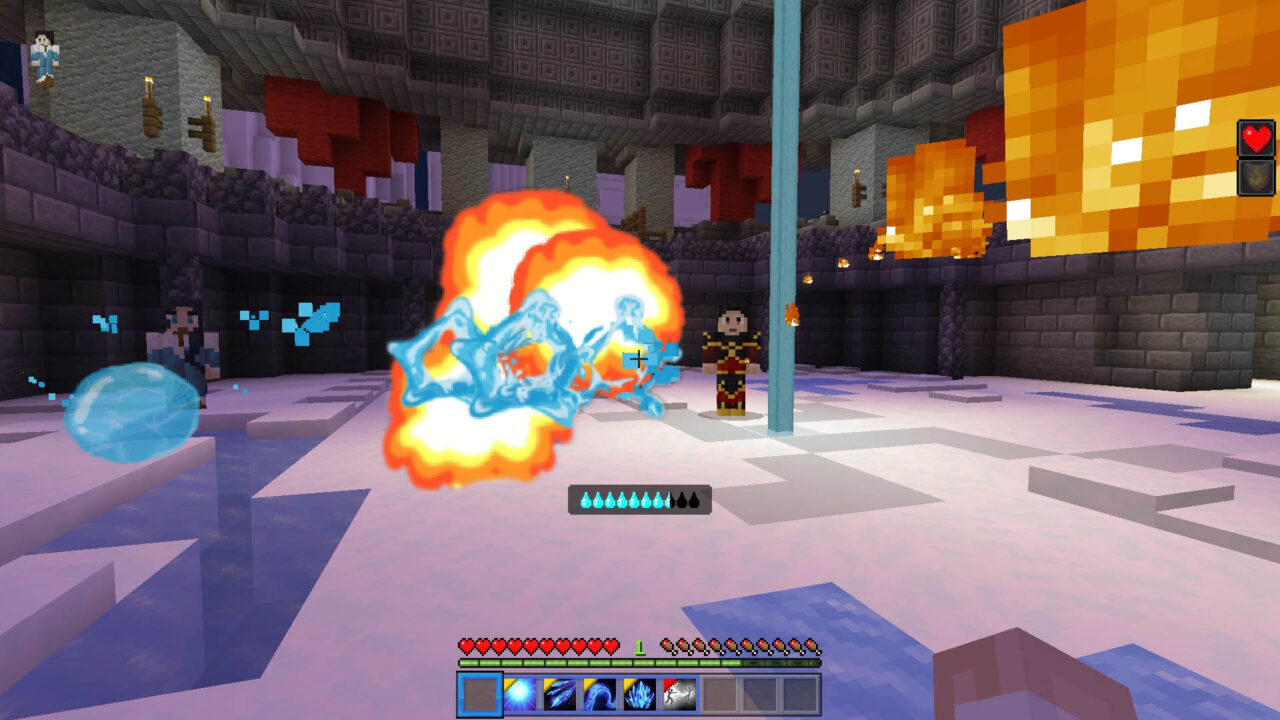 A Waterbender and a Firebender fighting in Minecraft